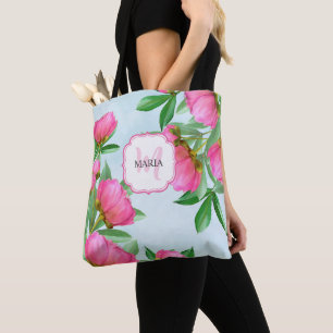 Bolso De Tela Peonías rosadas botánicas Moda Monogramas Girly