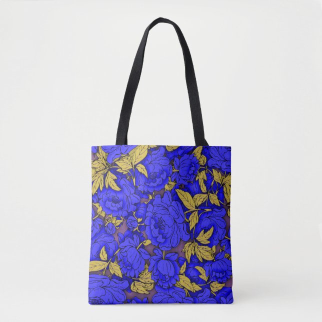 Bolso De Tela Peonies azules con hojas de oro (Anverso)
