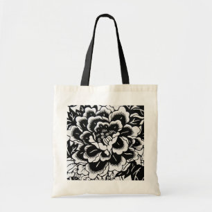 Bolso De Tela Peony chino en negro - tote del Papel-Cut del