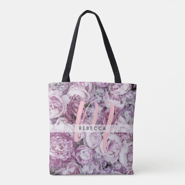 Bolso De Tela Peony Pink Roses Floral Monograma (Reverso)