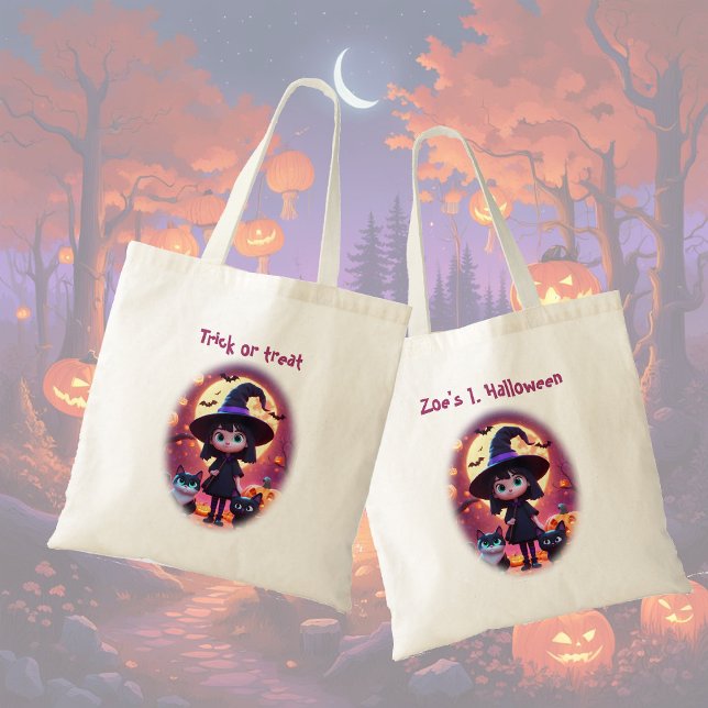 Bolso De Tela Pequeña bruja linda con gatos y calabazas, persona (Subido por el creador)