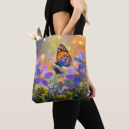Bolso De Tela Pequeña mariposa en flores silvestres al amanecer