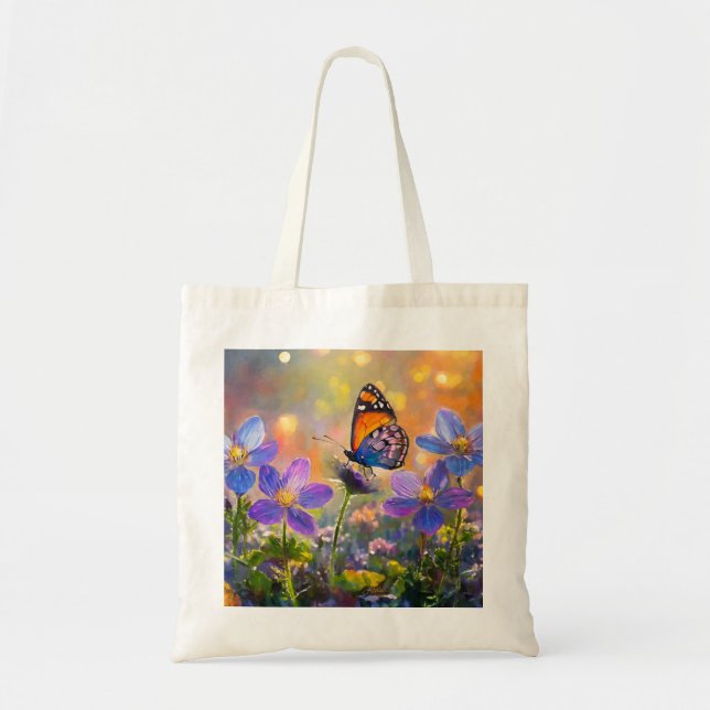 Bolso De Tela Pequeña mariposa en flores silvestres al amanecer (Frente)