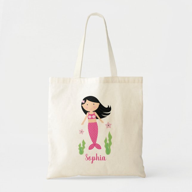 Bolso De Tela Pequeña sirena de pelo negro Chica (Frente)