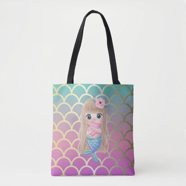 Bolso De Tela Pequeña Sirenita Ombre Mermaid Escales (Anverso)