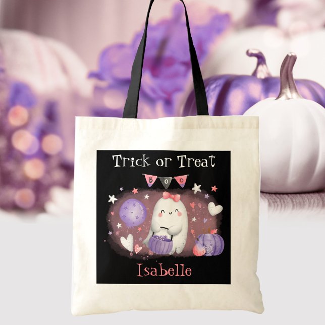 Bolso De Tela Pequeño Bote Rosa Nombre Negro Halloween (Cute Little Boo Pink Black Candy Halloween Tote Bag)