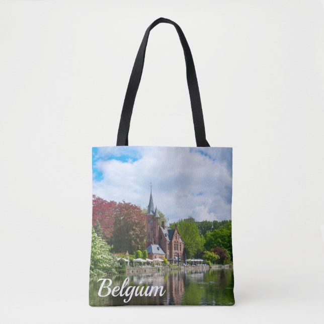 Bolso De Tela Pequeño castillo cerca del lago en Brujas, Bélgica (Anverso)
