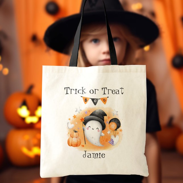 Bolso De Tela Pequeño truco de Naranja o trato de Halloween (Cute Little Boo Orange Trick or Treat Halloween Tote Bag)