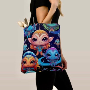 Bolso De Tela Pequeños alienígenas multicolores en el espacio