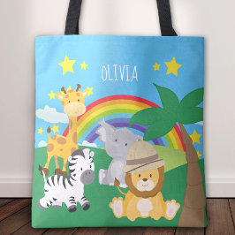 Bolso De Tela Pequeños niños Safari Jungla Animales y Nombre