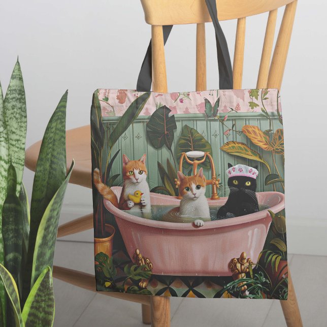 Bolso De Tela Pérdidas y burbujas: una escena de baño gato-sácti (Style up with this kitschy, tote bag, bursting with vibrant colors and playfulness)