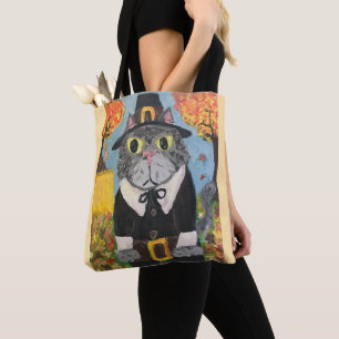 Bolso De Tela Peregrino Arte Popular Acción de Gracias Gatos Dob