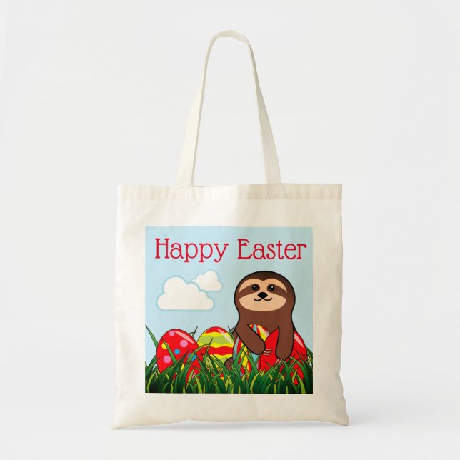 Bolso De Tela Pereza feliz de Pascua y huevos de Pascua en campo (Frente)