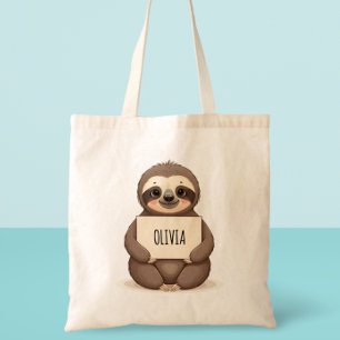 Bolso De Tela Perezoso Lindo Sosteniendo una Señal de Nombre