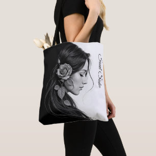 Bolso De Tela Perfil femenino artístico con rosa en monocromo