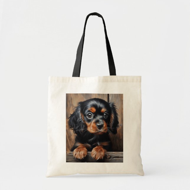 Bolso De Tela Perrito Cavalier negro y marrón (Frente)