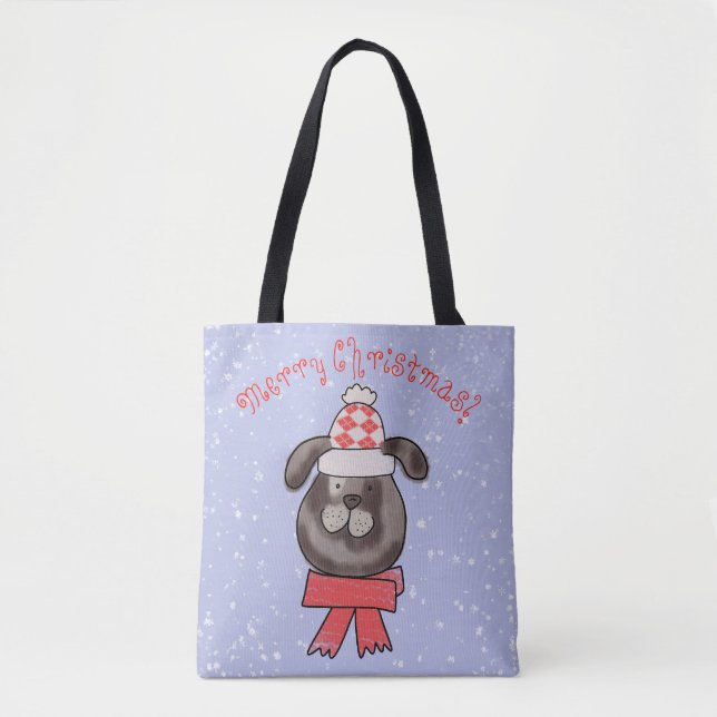 Bolso De Tela Perrito de Navidad con gorro y bufanda de punto (Anverso)