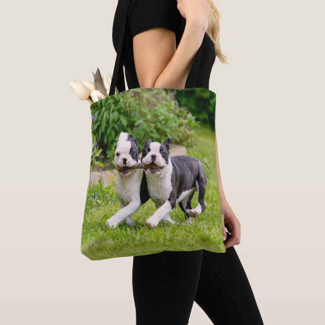 Bolso De Tela Perritos divertidos de Boston Terrier jugando - (Detalle)