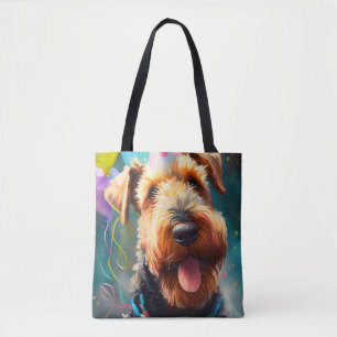 Bolso De Tela Perro Airedale con sombrero de cumpleaños y globos