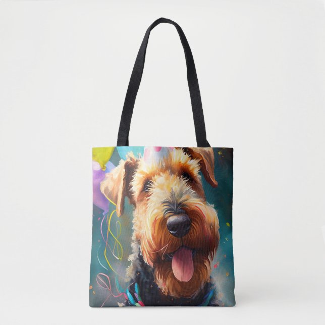 Bolso De Tela Perro Airedale con sombrero de cumpleaños y globos (Anverso)
