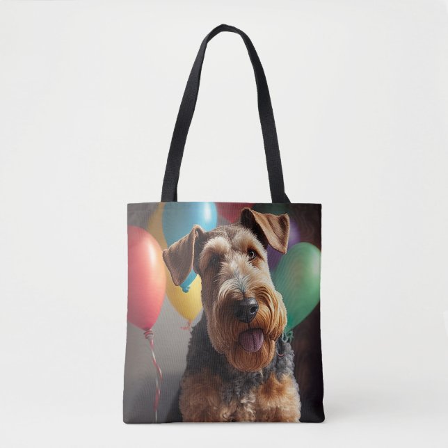 Bolso De Tela Perro Airedale con torta y globos (Anverso)
