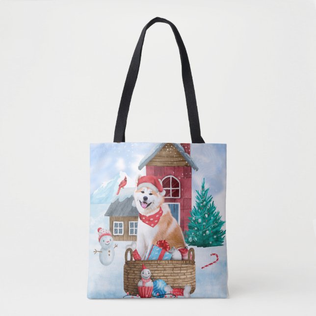 Bolso De Tela Perro Akita En Casa De Perros De Navidades De Niev (Anverso)