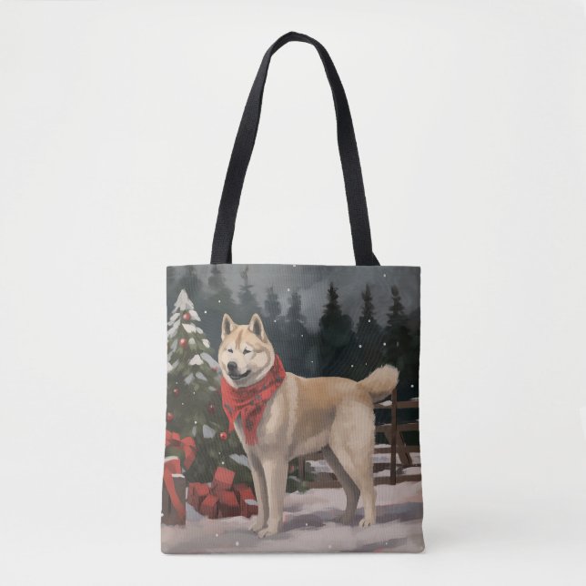 Bolso De Tela Perro Akita en Navidades de nieve (Anverso)
