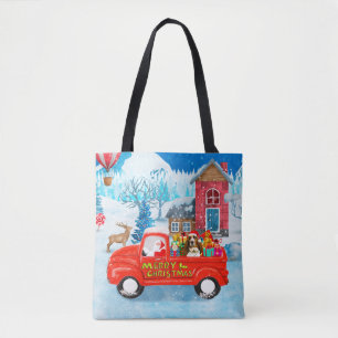 Bolso De Tela Perro amarrado en Navidades con nieve en camión de