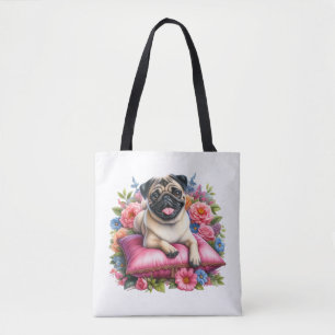 Bolso De Tela Perro asomado a una almohada con flores en acuarel