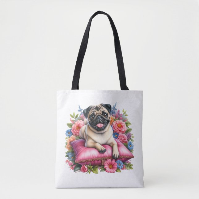 Bolso De Tela Perro asomado a una almohada con flores en acuarel (Anverso)