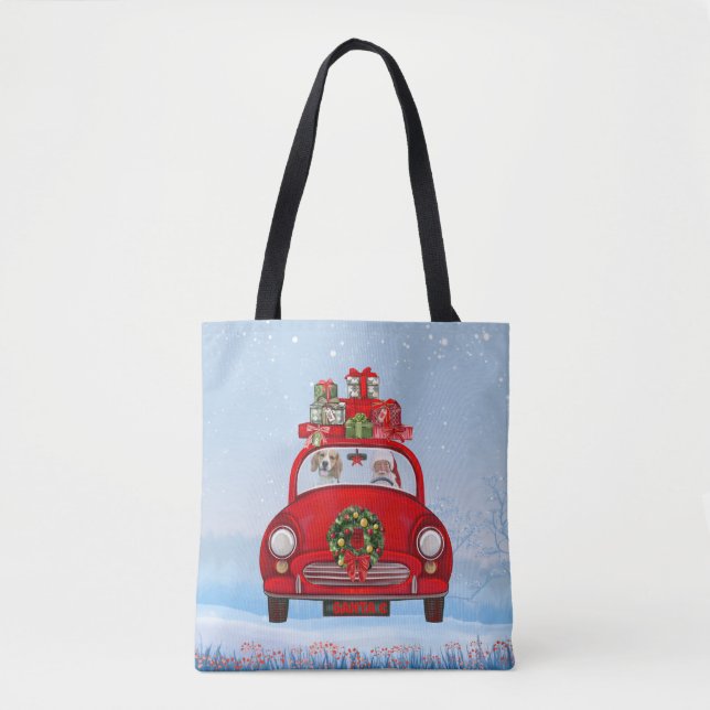Bolso De Tela Perro Beagle En Coche Con Santa Claus (Anverso)