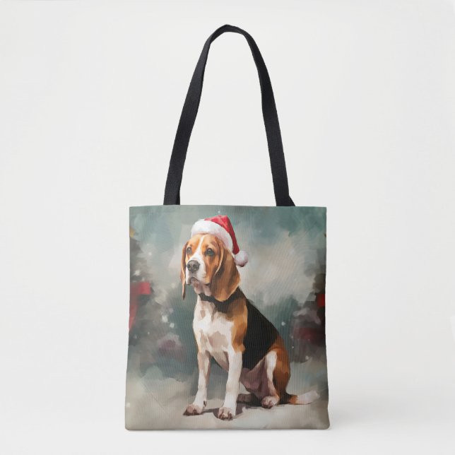 Bolso De Tela Perro beagle en Navidades de nieve (Anverso)