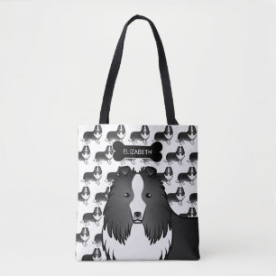 Bolso De Tela Perro Bi-Black Shetland Sheepdog Hueso Y Nombre