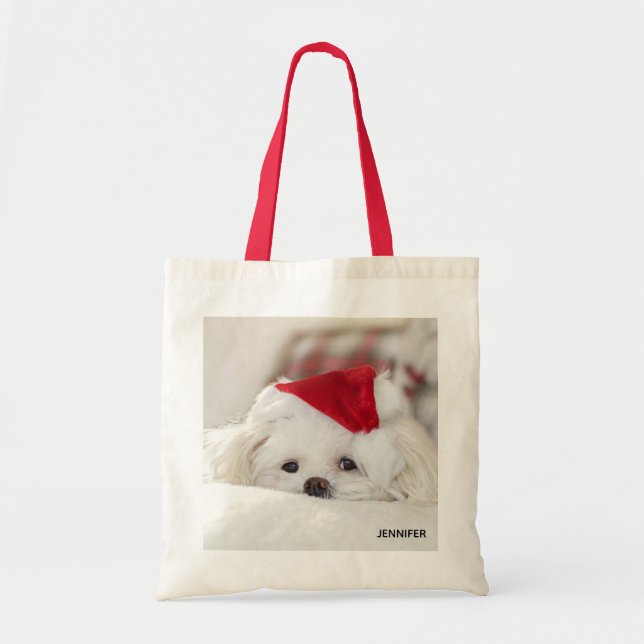 Bolso De Tela Perro blanco en un Gorra de Navidades rojos (Frente)