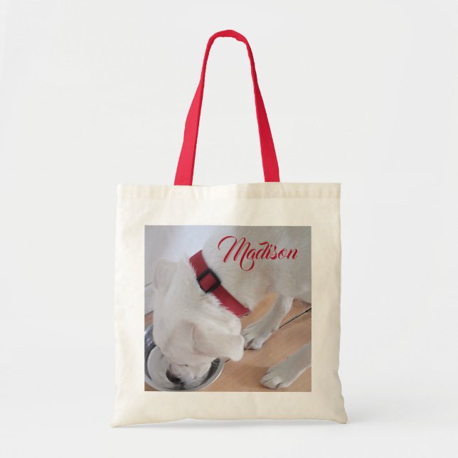 Bolso De Tela Perro blanco lindo Agua potable nombre personaliza (Frente)