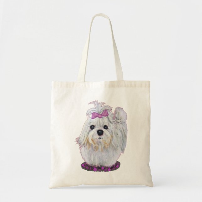 Bolso De Tela Perro blanco maltés pintando el arco morado (Frente)