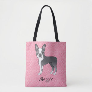 Bolso De Tela Perro Boston Terrier Azul y Blanco sobre Corazones