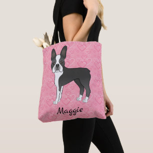 Bolso De Tela Perro Boston Terrier negro y blanco sobre corazone