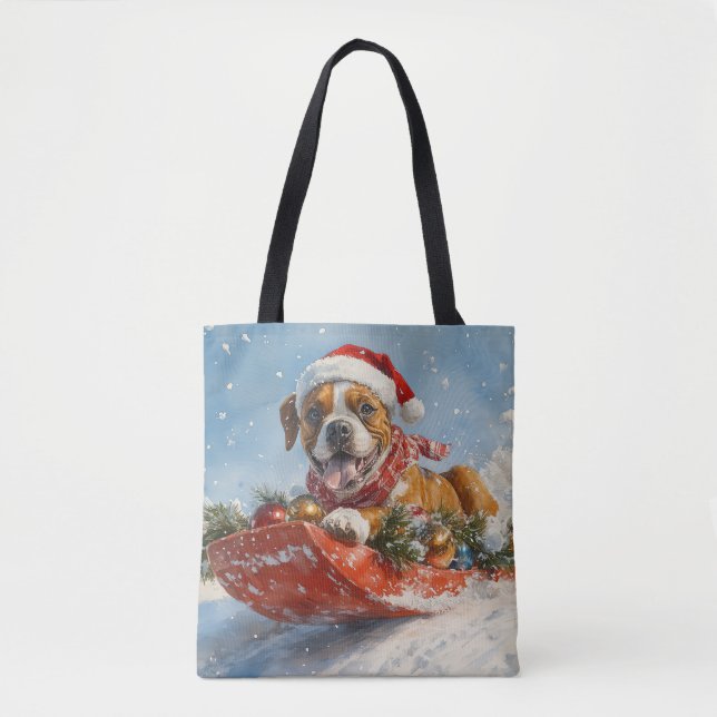 Bolso De Tela Perro Boxer con manchas deja que nieve Navidades (Anverso)