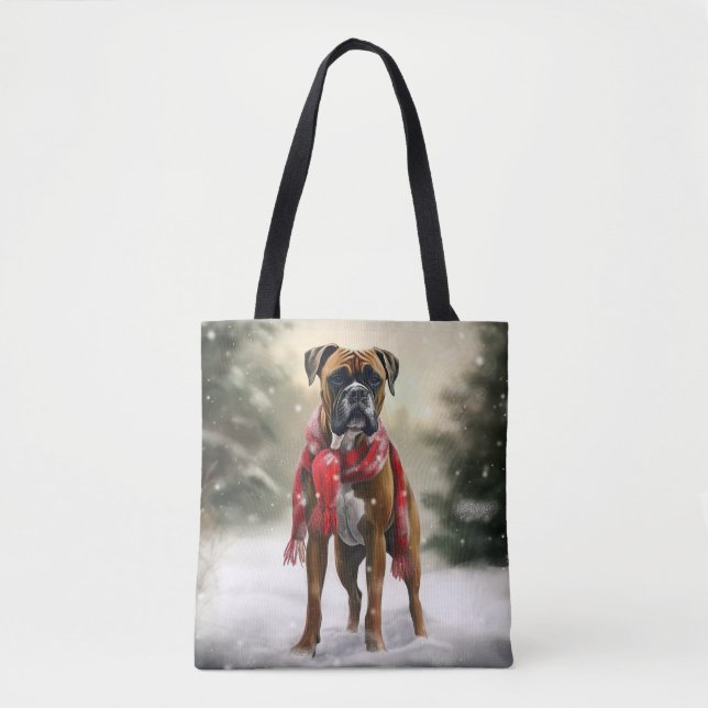 Bolso De Tela Perro Boxer en Navidades de Nieve (Anverso)