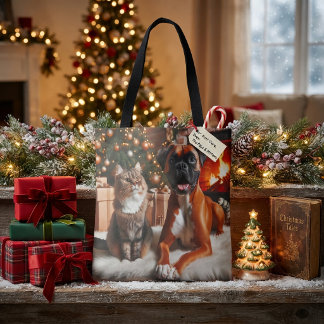 Bolso De Tela Perro Boxer y Gato Navidad