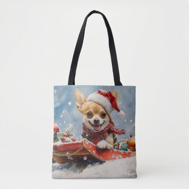 Bolso De Tela Perro Chihuahua en escurrimiento deja que nieve Na (Anverso)