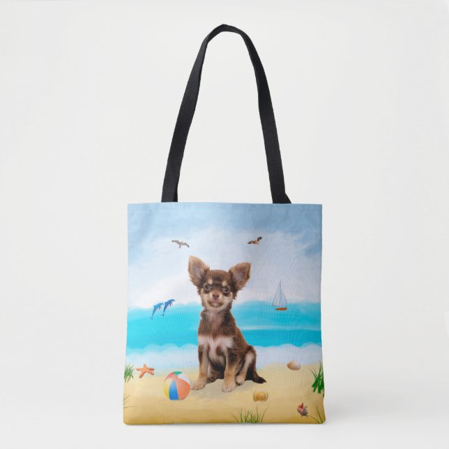 Bolso De Tela Perro Chihuahua en la playa (Anverso)