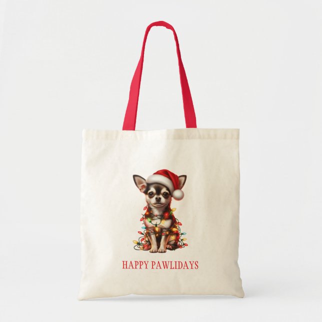 Bolso De Tela Perro Chihuahua enredado en luces Navidades (Frente)