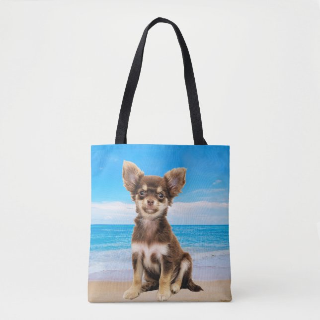 Bolso De Tela Perro chihuahua sentado en playa tropical (Anverso)