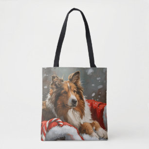 Bolso De Tela Perro Collie áspero Navideño Festivo