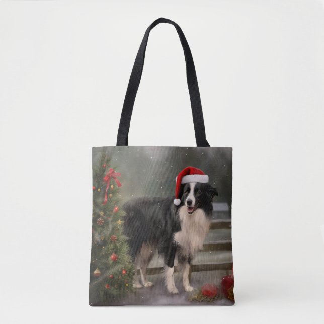 Bolso De Tela Perro collie fronterizo en Navidades de nieve (Anverso)