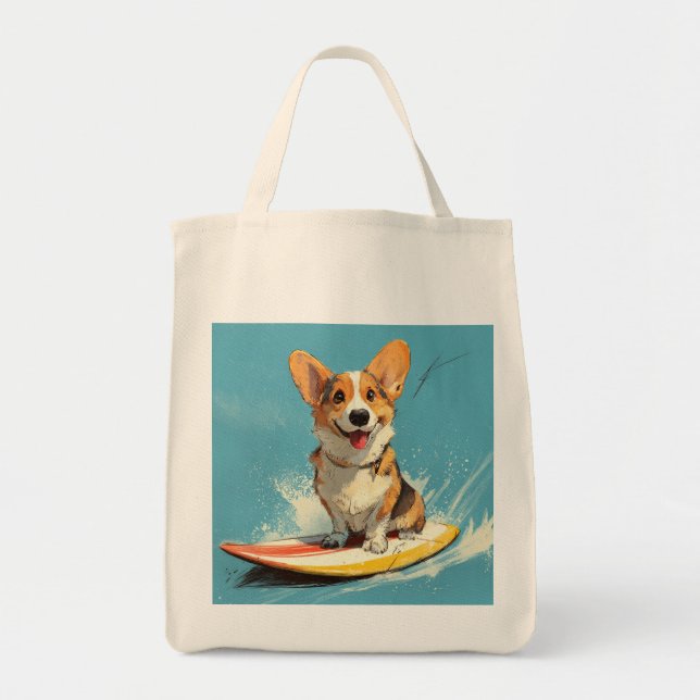 Bolso De Tela Perro Corgi montando una tabla de surf (Frente)