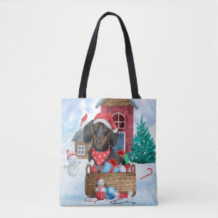 Bolso De Tela Perro Dachshund En La Casa De Perros De Navidades