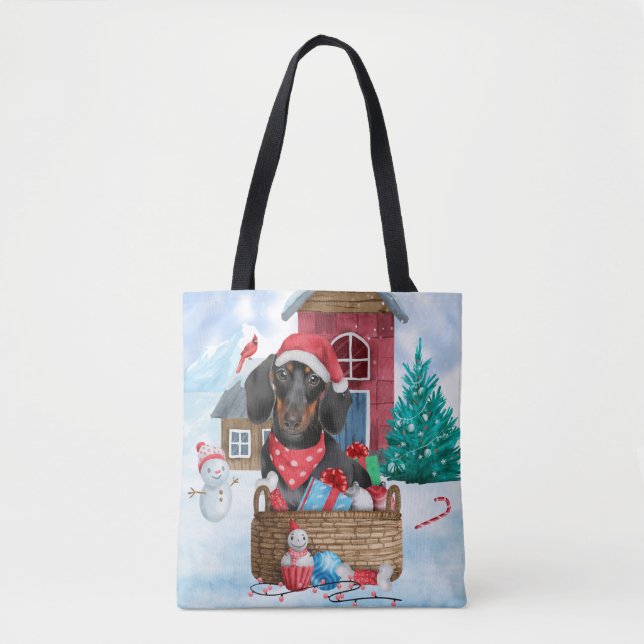 Bolso De Tela Perro Dachshund En La Casa De Perros De Navidades  (Anverso)